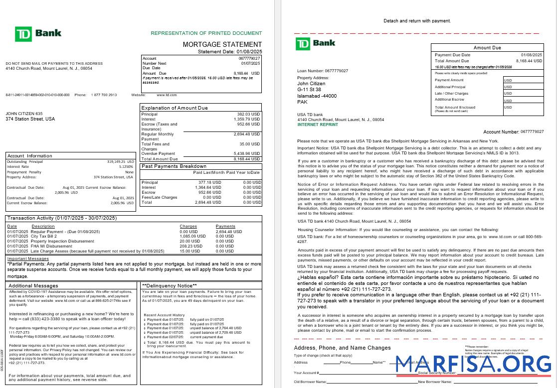 Downloadable USA TD bank mortgage statement in Word and PDF formats, 3 pages 1 2 template
